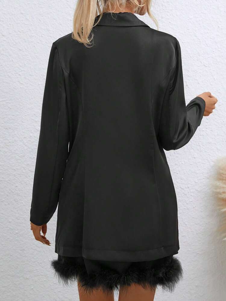 Fuzzy Trim Single Button Blazer & Cami Dress