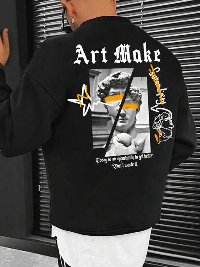 Manfinity LEGND Men Plus Slogan & Figure Graphic Drop Shoulder Sweatshirt