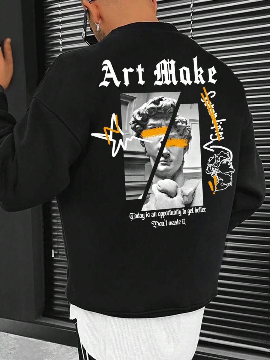 Manfinity LEGND Men Plus Slogan & Figure Graphic Drop Shoulder Sweatshirt - Black - View 1