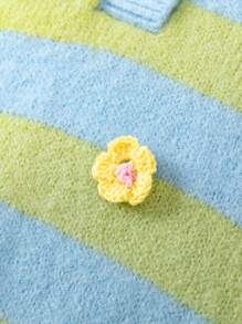 SHEIN Young Girl Striped Pattern Polo Neck Button Front Sweater - Multicolor - View 6