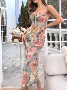 SHEIN Vestido largo de pijama con estampado floral y nudo delantero - Multicolor - Ver 4