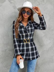 SHEIN LUNE 格紋印花雙排釦花呢外套不附腰帶 - 黑色 - 查看 5