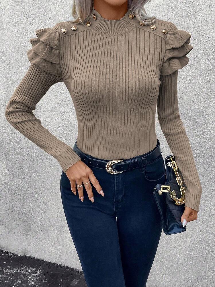 Mock Neck Ruffle Trim Button Detail Ribbed Knit Pullover Fall Winter Sweater