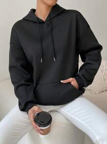 SHEIN Unity Reflective Cartoon And Letter Graphic Kangaroo Pocket Drawstring Hoodie - Black - View 4