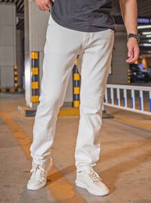 Men Zipper Fly Solid Tapered Jeans - White - View 3