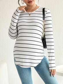 SHEIN Maternity Striped Print Curved Hem Tee - Black and White - View 5