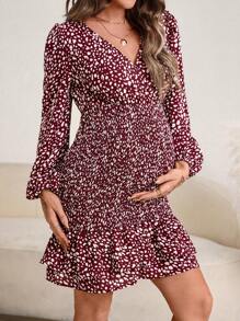 SHEIN Maternity Allover Print Lantern Sleeve Ruffle Hem Dress - Burgundy - View 1