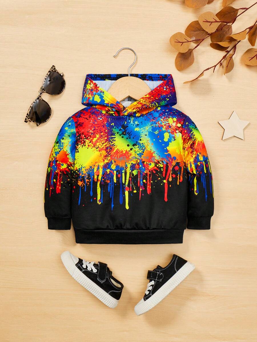 SHEIN 嬰兒男孩休閒塗鴉印花帽衫,多彩 - 黑色 - 查看 1