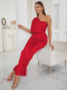 One Shoulder Ruched Flare Leg Jumpsuit - Red - View 8