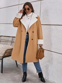 SHEIN LUNE 大碼雙排扣落肩泰迪熊襯里大衣 - 駝色 - 查看 3