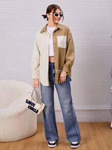 SHEIN 青少年女孩雙色補丁貼口袋落肩袖燈芯絨襯衫 - 卡其色 - 查看 6