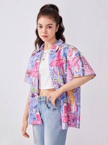 SHEIN Thiếu niên cô gái Đồ họa chữ & hình trong tiếng Nhật Thả vai Áo sơ mi - Màu tím  Violet - Xem 4