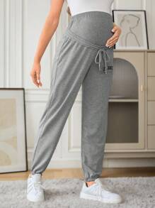 SHEIN 孕婦字母圖案抽繩腰褲 - 灰色 - 查看 5