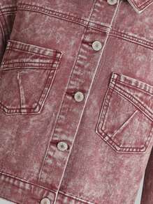 Teen Girl Pocket Patched Drop Shoulder Denim Jacket - Red - View 3