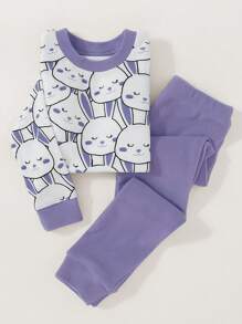 Junges Mädchen Niedliches Kaninchen Bedrucktes Thermal Fleece Esatz-set Mit Körperbetonter Passform