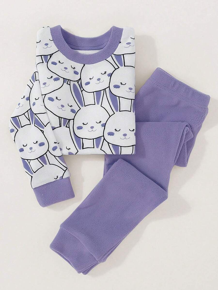 Junges Mädchen Niedliches Kaninchen Bedrucktes Thermal Fleece Esatz-set Mit Körperbetonter Passform