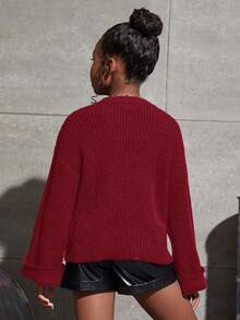 SHEIN Tween Girls Drop Shoulder Fuzzy Cuff Sweater - Burgundy - View 2