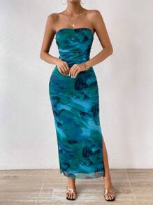 Calvaya Vestido maxi ajustado con fruncido en los laterales con estampado all over para mujer