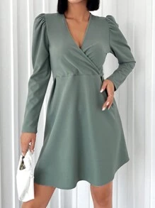 EURMUSE Solid Puff Sleeve Wrap Knot Side Dress - Mint Green - View 2