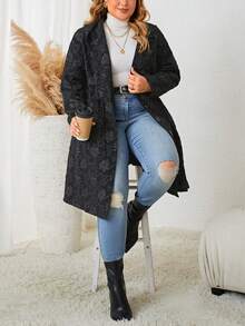 Plus Floral Jacquard Drawstring Waist Coat - Black - View 5