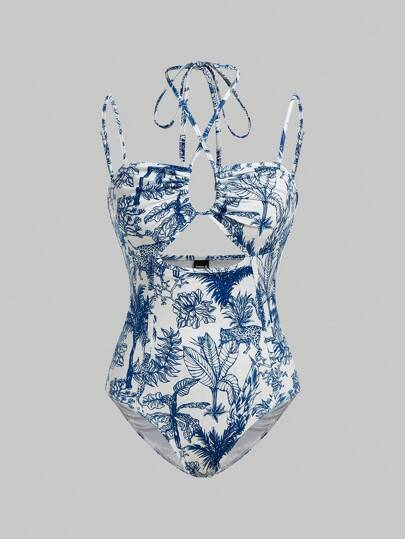 Bianca F Prints Artist Boho Bohemian Women Vacation Plants Print Cut Out Halter Bodysuit, For Summer, Holiday, Beach, Festival, Ibiza Fits