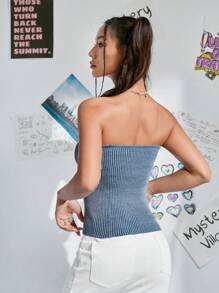 SHEIN EZwear 素色抹胸針織上衣 - 藍色 - 查看 2