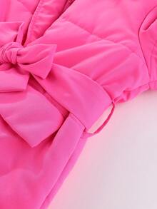 SHEIN Young Girl Fuzzy Trim Hooded Belted Padded Coat - Hot Pink - View 6