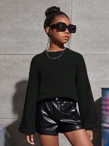 SHEIN Leap Crew Tween Girls Drop Shoulder Fuzzy Cuff Sweater - Black - View 1