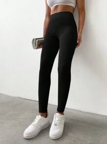 SHEIN Cottnline Solid High Waist Leggings - Black - View 5