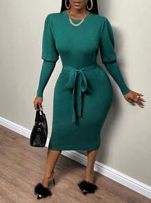 Slaydiva Gigot Sleeve Belted Bodycon Sweater Dress - Dark Green - View 3