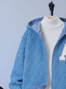 SHEIN Tween Boy Letter Patched Hooded Teddy Coat Without Sweater - Blue - View 4