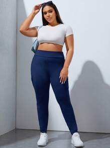 SHEIN EZwear Plus Flap Pocket Side Leggings - Navy Blue - View 4