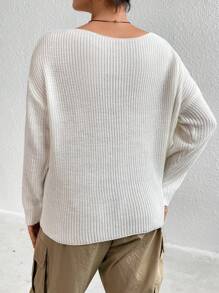 Flirla Pull tricoté à mailles côtelées avec épaules tombantes, pull-over tricoté pour l'automne et l'hiver - Blanc - Voir 2