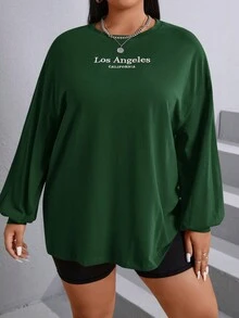 SHEIN EZwear Plus Letter Graphic Drop Shoulder Tee - Dark Green - View 5