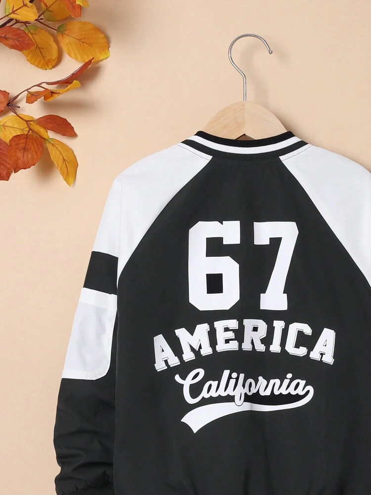 Tween Boy Letter Graphic Two Tone Raglan Sleeve Thermal Lined Varsity Jacket