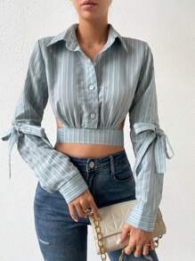 SHEIN Privé Solid Tie Backless Crop Shirt - Blue - View 5