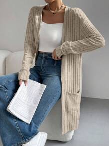 SHEIN Essnce Dual Pocket Drop Shoulder Open Front Coat In Fall/Winter - Khaki - View 1