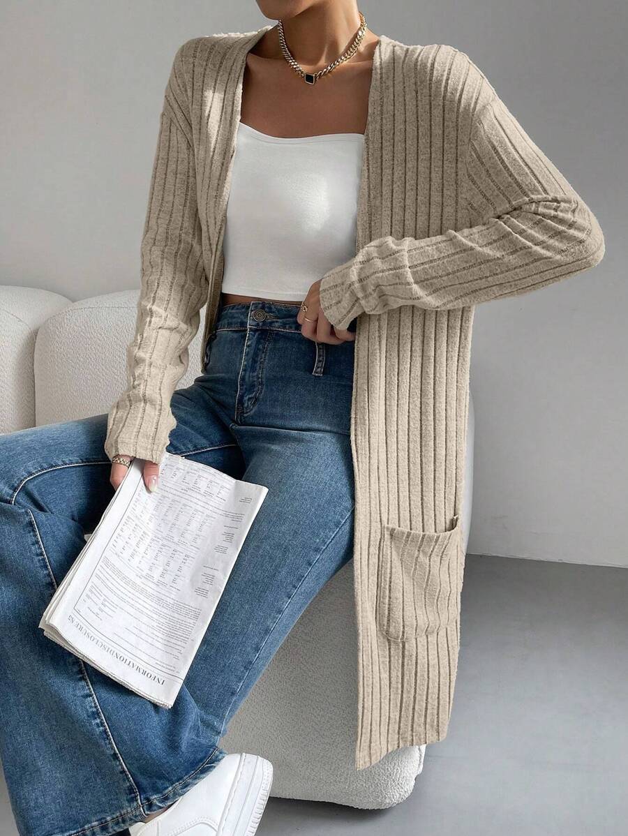 SHEIN Essnce Dual Pocket Drop Shoulder Open Front Coat In Fall/Winter - Khaki - View 1