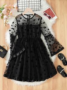 SHEIN 女大童星星印花荷葉袖網紗覆蓋洋裝 - 黑色 - 查看 7