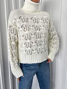 EURMUSE 高領落肩挑窿針織毛衣 - 白色 - 查看 1