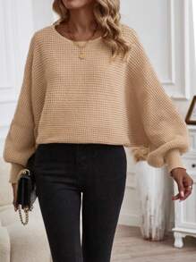 SHEIN LUNE 船领蝙蝠袖罗纹针织套头衫秋冬毛衣 - 卡其色 - 查看 3