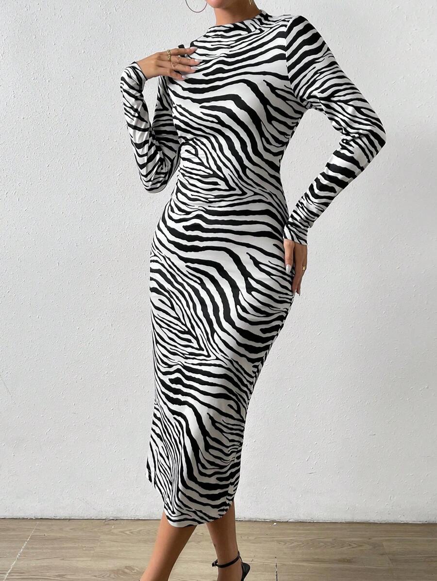 SHEIN Privé Zebra Striped Print Mock Neck Bodycon Dress - Multicolor - View 1