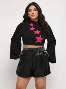 Talisha White 大碼星星印花卷邊PU皮革短褲 - 黑色 - 查看 3