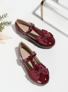 秋冬復古休閒女孩單鞋,大孩子們可愛蝴蝶結裝飾公主表現平底鞋 - 酒紅色 - 查看 5