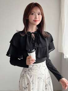 FRIFUL Solid Tie Neck Ruffle Trim Tee - Black - View 1