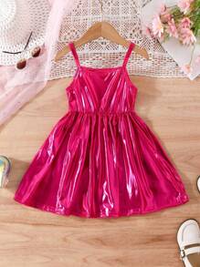 SHEIN Young Girl Solid Metallic Cami Dress Summer Holiday - Hot Pink - View 2