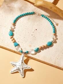 SHEIN VCAY Bohemian Style Natural Stone & Starfish Shaped Short Necklace - Turquoise - View 1