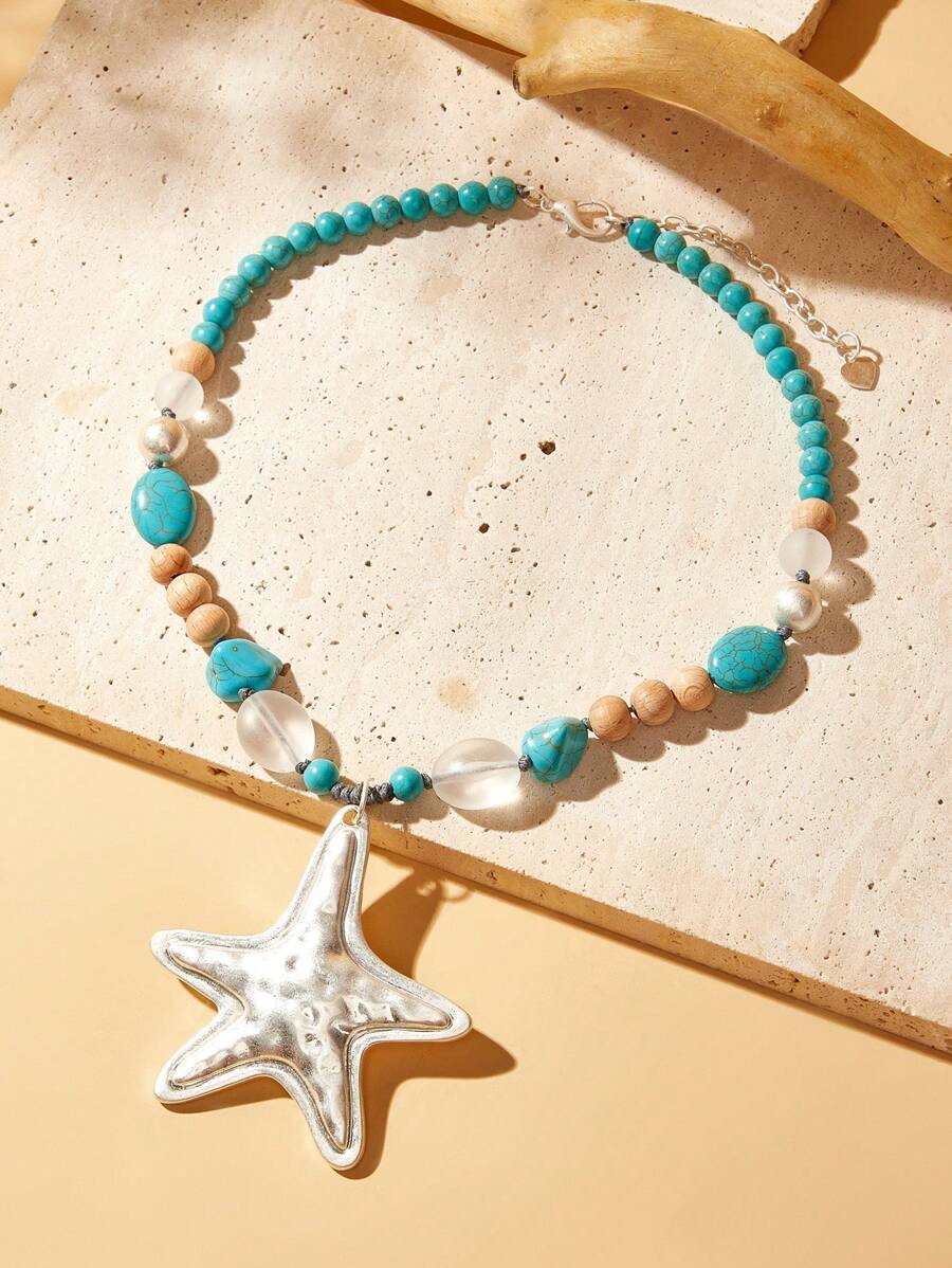 SHEIN VCAY Bohemian Style Natural Stone & Starfish Shaped Short Necklace - Turquoise - View 1
