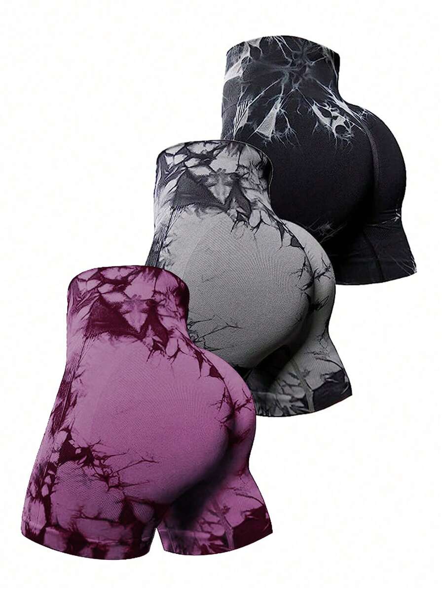 Easithlete 3 件扎染宽带腰运动短裤女士运动短裤、健身短裤、骑行短裤 - 黑色 - 查看 1