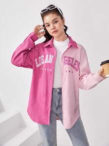 SHEIN 青少年女孩字母圖形兩色落肩襯衫 - 玫紅色 - 查看 5